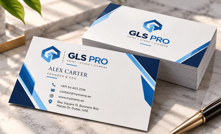 Standard blue and white business cards printed in Dubai