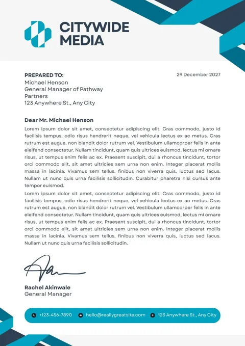 Modern business letterhead sample in teal and charcoal
