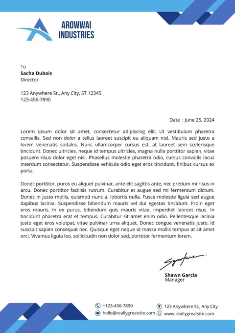 Corporate company letterhead sample in blue