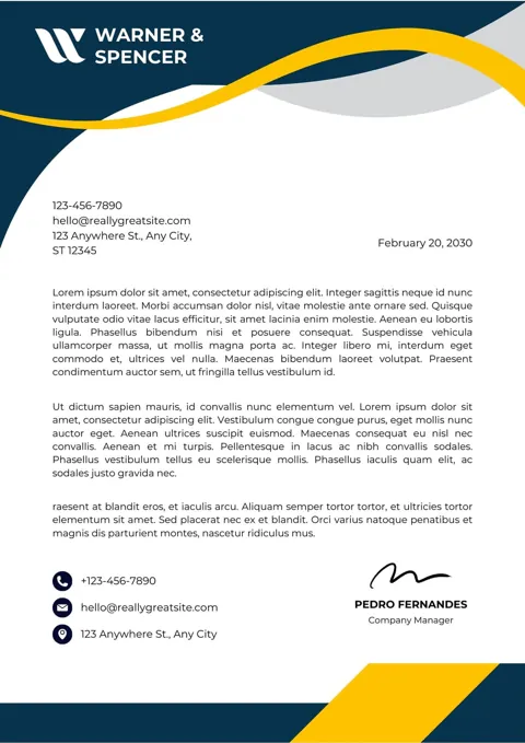 Company letterhead sample in navy and yellow