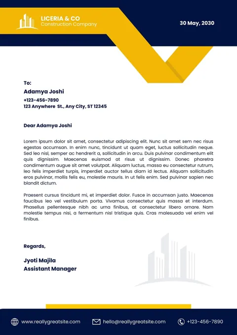Construction company letterhead sample for Dubai