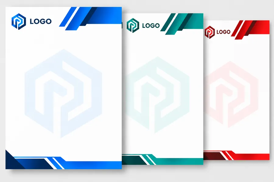 Custom company letterhead design in blue, teal and red