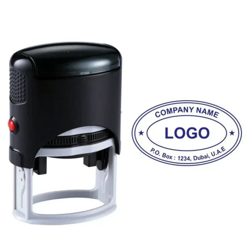 Oval Company Stamp with Blue Impression UAE Custom oval self-inking company stamp with blue bilingual-style UAE seal