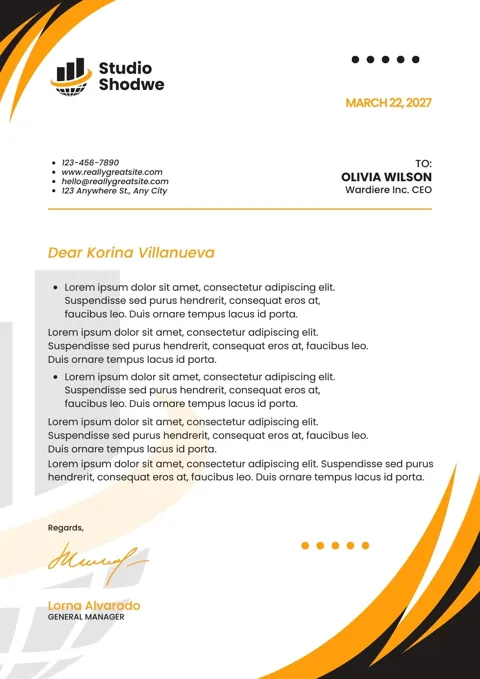 Creative letterhead design sample in orange and black