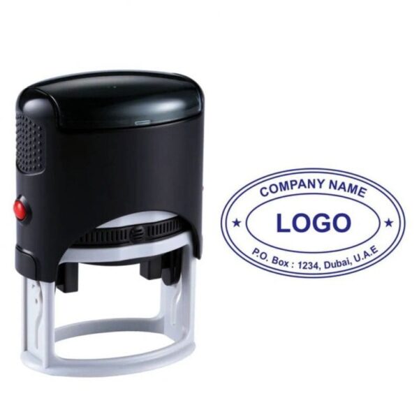 Bleu Oval Self Inking Company Stamps with custom company logo