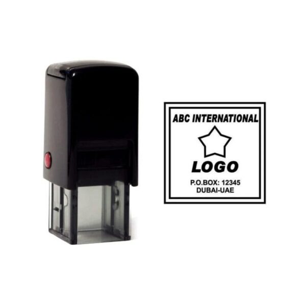 Black Square Self Inking Company Stamps with custom logo design by MyStamp.ae